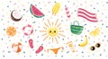 Summer elements. Bright colorful beach elements, citrus fruits, ice-cream, coconut, watermelon, banana. Yellow, red colors. Simple