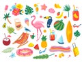 Summer elements. Cocktail drinks, soda, tropical leaves, flowers, pineapple, watermelon, flamingo, toucan. Hand drawn Royalty Free Stock Photo