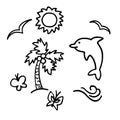 Summer elements. Hand drawn icons for print and digital. Black on white Royalty Free Stock Photo