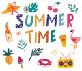 Summer elements set. Food, drinks, flamingo, hats, sunscreen. Bright summer poster. A collection of scrapbooking elements for a