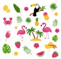 Summer elements. Tropical vacation photo booth props. Flamingo, ice cream and pineapple, leaves and cocktail, flower and smoothies Royalty Free Stock Photo