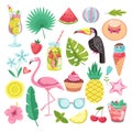 Summer elements. Tropical vacation stickers. Flamingo, ice cream and pineapple, leaf and cocktail, parrot and beach hat