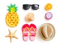 Summer elements vector set design. Summer beach floater hat, sunglasses, flipflop and seashells 3d realistic element.