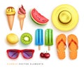 Summer elements vector set design. 3d realistic summer objects of ice cream, fruits, hat and flip flop isolated in white.