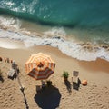 Summer escape Sandy beach from above, framed by towel border and beach items