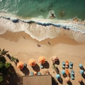 Summer escape Sandy beach from above, framed by towel border and beach items