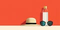 Summer essentials featuring a straw hat, sunglasses, and a water bottle against a vibrant red background, creating a refreshing Royalty Free Stock Photo