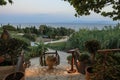 Summer evening beautiful view from the cozy restaurant to the Skala beach on the Kefalonia island, Ionian sea, Greece Royalty Free Stock Photo