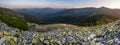 Summer evening Carpathian mountain stony slope panoramic view in last sunset sunlight. Vysoka Mountain, Gorgany Carpathian massive