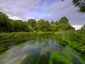 Summer evening golden light on the River Itchen - full of Water Crowfoot (Ranunculus aquatilis) and a well known chalk stream fly