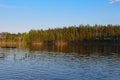 evening landscape with lake water surface overlooking the forest Royalty Free Stock Photo