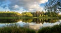 Summer evening landscape on Ural lake with pine trees on the shore, Russia Royalty Free Stock Photo