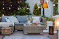 Evening on the patio of beautiful suburban house with garden Royalty Free Stock Photo