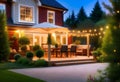 Summer evening on the patio of beautiful suburban house with lights in the garden garden