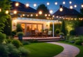 Summer evening on the patio of beautiful suburban house with lights in the garden garden