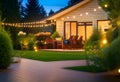 Summer evening on the patio of beautiful suburban house with lights in the garden garden