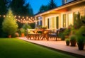 Summer evening on the patio of beautiful suburban house with lights in the garden garden Royalty Free Stock Photo