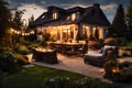 Summer evening on the patio of beautiful suburban house with lights Generated AI