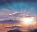 Summer evening sunset sky heaven clouds sun beams hills background digital watercolor art Royalty Free Stock Photo