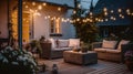 Summer evening on the terrace of beautiful suburban house with patio with wicker furniture and lights. Generative AI Royalty Free Stock Photo