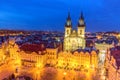 Summer evening twilight aerial panorama of the illuminated Old Town Square and Church of Our Lady Tyn in Prague, Czech Republic Royalty Free Stock Photo