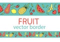 Summer exotic fruits - watermelon, papaya, banana, lemon, set of green tropical leaves, vector seamless horizontal border Royalty Free Stock Photo