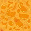 Summer exotic fruits - watermelon, papaya, banana, lemon, set of green tropical leaves, vector seamless pattern of doodle elements Royalty Free Stock Photo