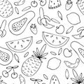 Summer exotic fruits - watermelon, papaya, banana, lemon, set of green tropical leaves, vector seamless pattern of doodle elements Royalty Free Stock Photo