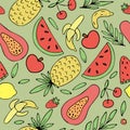 Summer exotic fruits - watermelon, papaya, banana, lemon, set of green tropical leaves, vector seamless pattern of doodle elements Royalty Free Stock Photo
