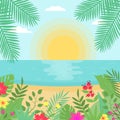Summer exotic seascape. Tropical beach with palms leaves, flowers and plants.