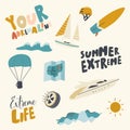 Summer Extreme Icons Set. Adrenaline Activity, Summertime Recreation Parachuting, Surfing, Sailing. Shining Sun, Clouds