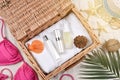 Summer facial skincare protection, Sun protection with Blank label cosmetics bottle container Royalty Free Stock Photo