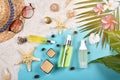 Summer facial skincare protection, Sun protection with Blank label cosmetics bottle container. Royalty Free Stock Photo