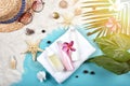 Summer facial skincare protection, Sun protection with Blank label cosmetics bottle container. Royalty Free Stock Photo