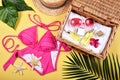 Summer facial skincare protection, Sun protection with bikini fashion.