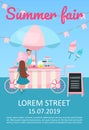 Summer fair brochure template. Street market food cart, trolley with sweets flyer, booklet, leaflet concept with flat