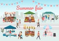 Summer fair flat vector illustration. Outdoor street market stalls, trade tents with with advertising lettering. Flowers, farmers