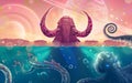 Summer fairy tale sea landscape with big rock as mammoth with tusks, ocean waves over fantasy planets in the sky, underwater world