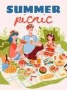 Summer family picnic banner or poster template cartoon vector illustration. Royalty Free Stock Photo