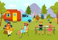 Summer family picnic at vacation outdoor, vector illustration. Travel by van, adventure camp at nature. Holiday tourism Royalty Free Stock Photo