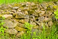 Summer farmland stone fence view. Stone fence view. Countryside stone fence scene. Rural stone fence landscape