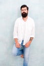 Summer fashion. Bearded model casual outfit. Fashion model. Mature handsome hipster with beard wear white shirt. Summer Royalty Free Stock Photo