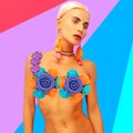 Summer Fashion Model in stylish accessories. Choker and earrings. Collage creative art