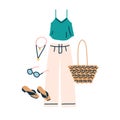 Summer fashion outfit. Casual women clothes set with pants, sunglasses, beach bag, top, necklace and shoes. Modern Royalty Free Stock Photo