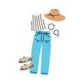 Summer fashion outfit for women. Casual female clothes set with hat, jeans pants, sandals, bracelets and blouse. Trendy