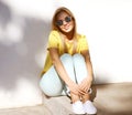 Summer fashion photo, stylish pretty smiling woman in sunglasses