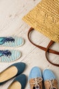 Summer fashion set. Women`s bag and shoes. Selective focus. Royalty Free Stock Photo