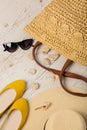 Summer fashion set. Women`s hat, bag, shoes ballerinas and sun Royalty Free Stock Photo