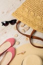 Summer fashion set. Women`s hat, bag, shoes ballerinas and sun Royalty Free Stock Photo