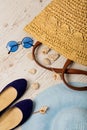 Summer fashion set. Women`s hat, bag, shoes ballerinas and sun Royalty Free Stock Photo